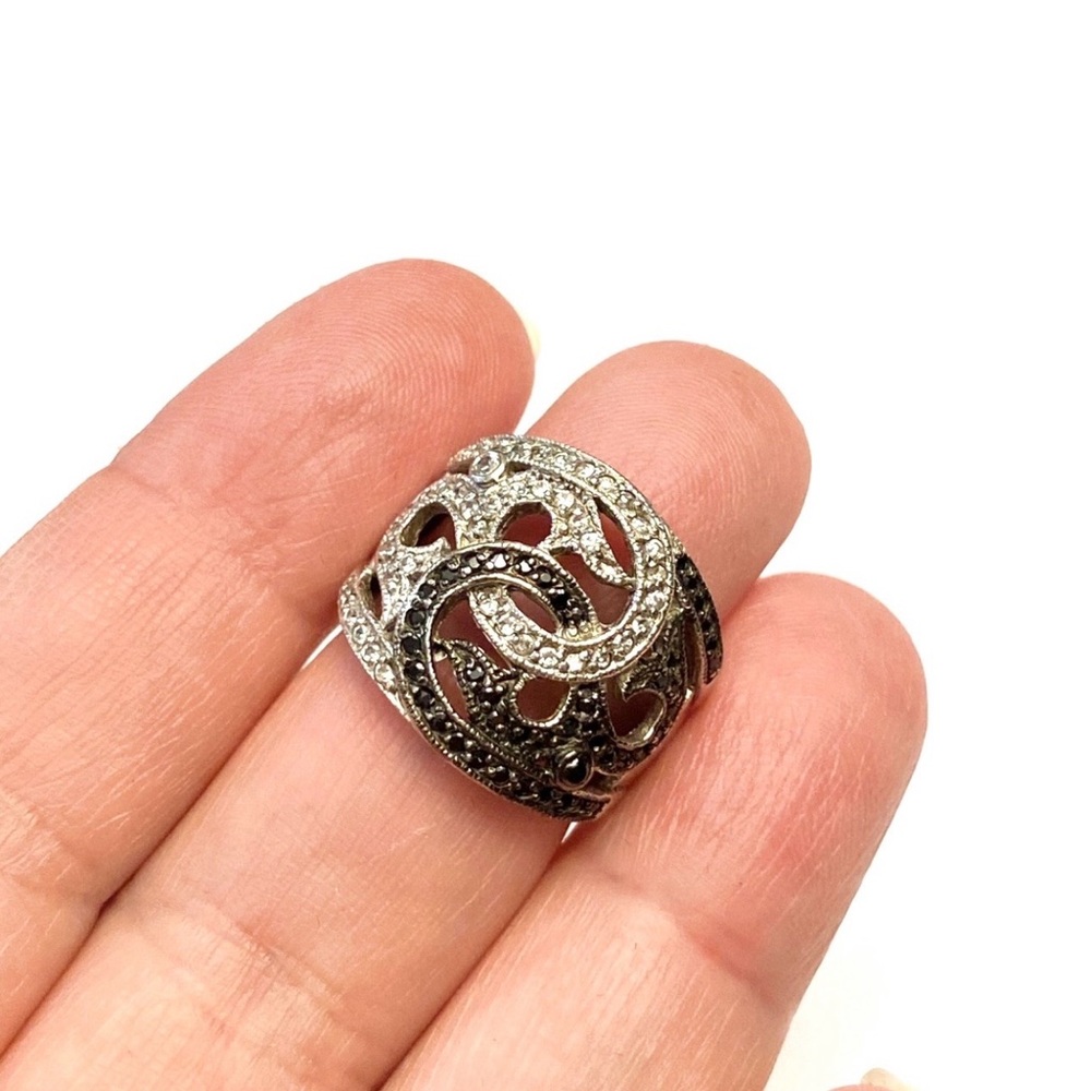 Sterling Silver Pave Rhinestone Yin Yang Ring Wide Band Size 6